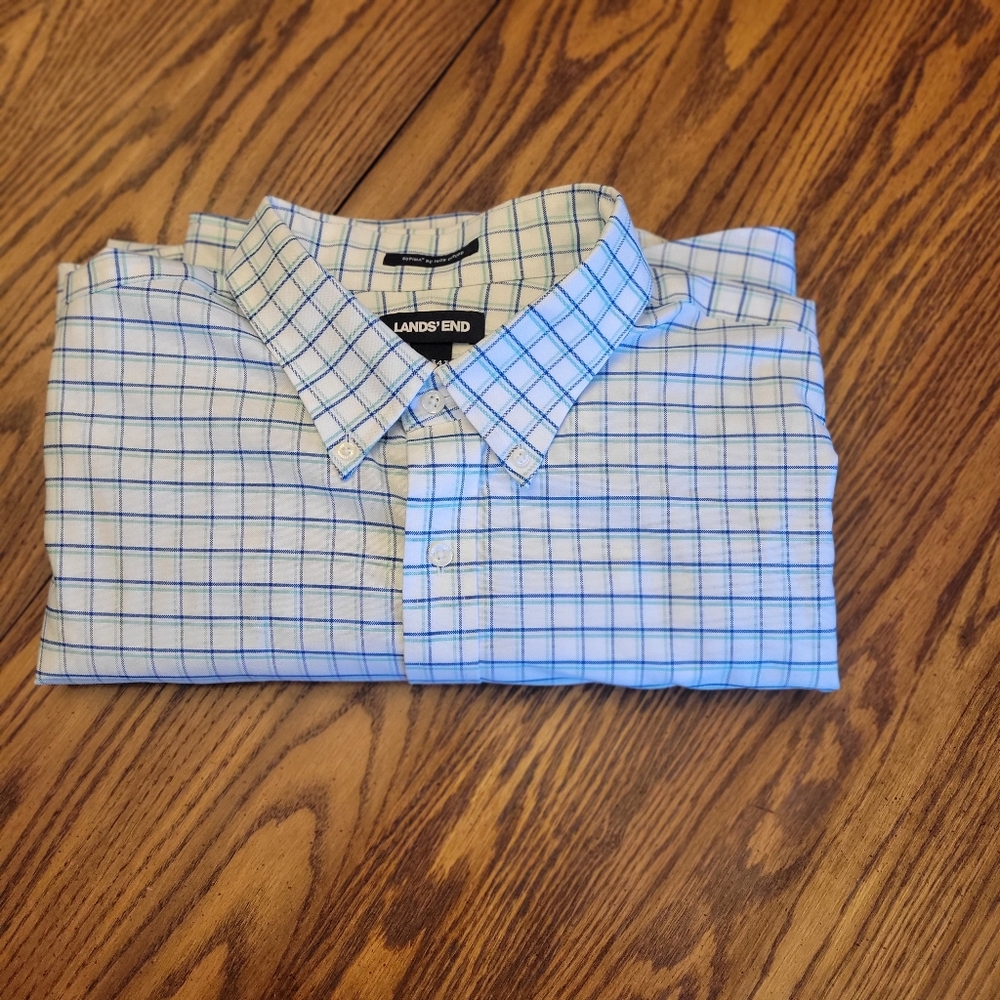 Men's Land's End Blue & Green Striped Shirt Button-down 18.5 -34T No Iron Oxford